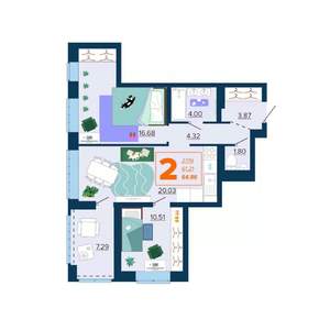 2-к квартира, вторичка, 65м2, 3/16 этаж