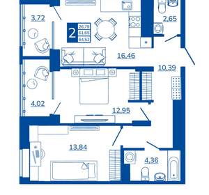 2-к квартира, вторичка, 64м2, 4/17 этаж