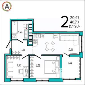 2-к квартира, вторичка, 52м2, 9/16 этаж