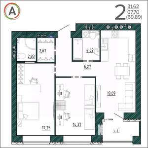 2-к квартира, вторичка, 70м2, 8/9 этаж