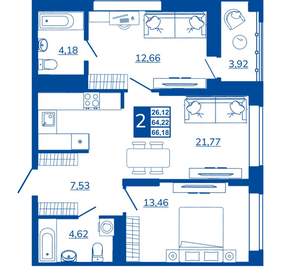2-к квартира, вторичка, 66м2, 17/17 этаж