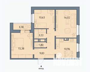 3-к квартира, строящийся дом, 69м2, 15/16 этаж