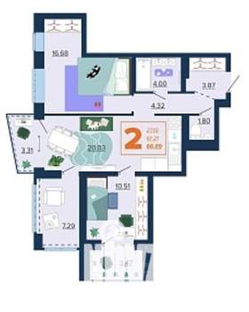 2-к квартира, вторичка, 67м2, 13/16 этаж