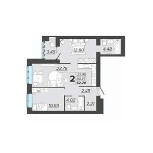 2-к квартира, вторичка, 62м2, 6/9 этаж