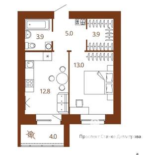 1-к квартира, вторичка, 41м2, 4/9 этаж