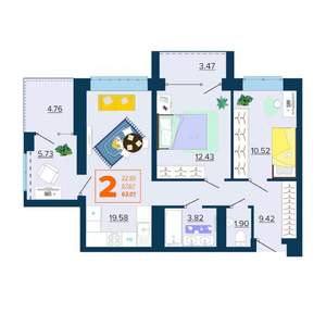 2-к квартира, вторичка, 63м2, 11/16 этаж