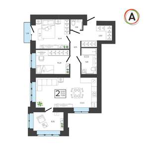 2-к квартира, вторичка, 74м2, 7/9 этаж