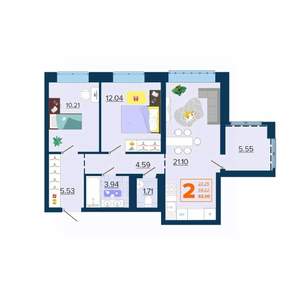 2-к квартира, вторичка, 62м2, 16/16 этаж