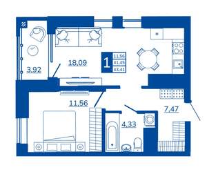 1-к квартира, вторичка, 43м2, 5/17 этаж