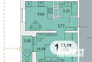 1-к квартира, сданный дом, 33м2, 9/16 этаж