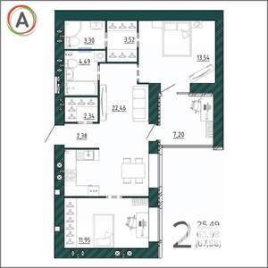 2-к квартира, вторичка, 68м2, 7/9 этаж