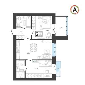 2-к квартира, вторичка, 62м2, 9/9 этаж