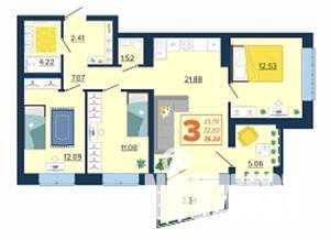 3-к квартира, вторичка, 76м2, 13/16 этаж