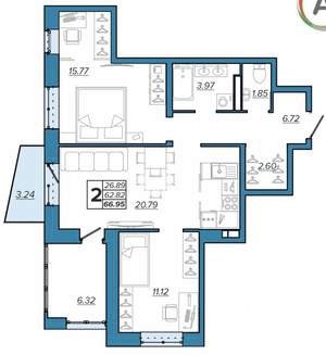 2-к квартира, вторичка, 67м2, 9/16 этаж