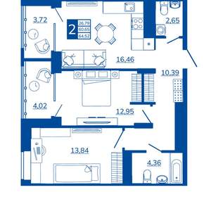 2-к квартира, вторичка, 64м2, 5/17 этаж