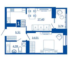 1-к квартира, вторичка, 42м2, 9/17 этаж