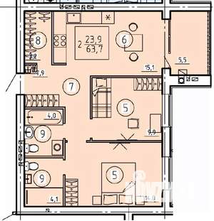 2-к квартира, вторичка, 64м2, 1/4 этаж