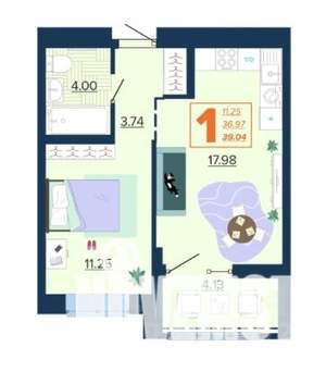 1-к квартира, вторичка, 39м2, 3/16 этаж