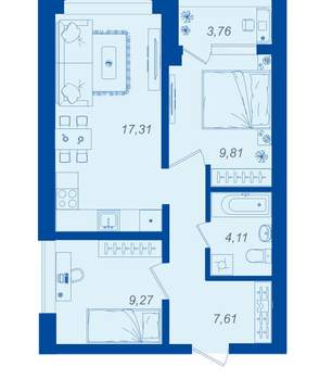 2-к квартира, вторичка, 49м2, 1/15 этаж