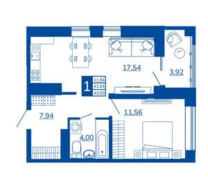 1-к квартира, вторичка, 43м2, 6/17 этаж