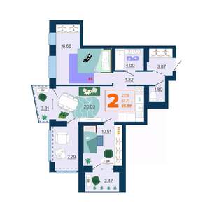 2-к квартира, вторичка, 67м2, 13/16 этаж