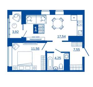 1-к квартира, вторичка, 42м2, 6/17 этаж