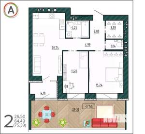 2-к квартира, вторичка, 75м2, 1/9 этаж