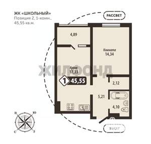 1-к квартира, строящийся дом, 46м2, 13/16 этаж