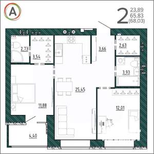 2-к квартира, вторичка, 68м2, 7/9 этаж