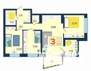 3-к квартира, вторичка, 76м2, 4/16 этаж