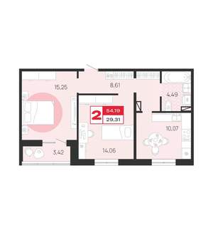2-к квартира, вторичка, 54м2, 2/10 этаж