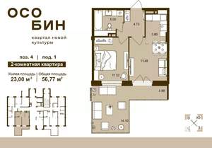 2-к квартира, строящийся дом, 57м2, 1/16 этаж