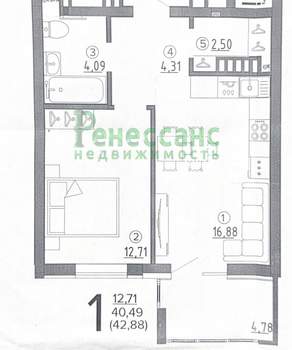1-к квартира, вторичка, 41м2, 8/16 этаж