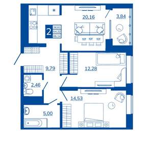 2-к квартира, вторичка, 66м2, 5/17 этаж