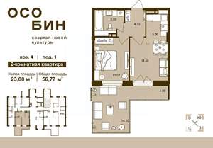 2-к квартира, строящийся дом, 57м2, 1/16 этаж