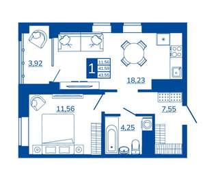 1-к квартира, вторичка, 43м2, 4/17 этаж