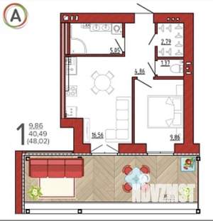 1-к квартира, сданный дом, 48м2, 1/9 этаж