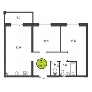2-к квартира, вторичка, 69м2, 1/9 этаж