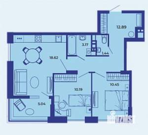 2-к квартира, вторичка, 62м2, 1/19 этаж