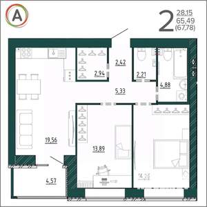 2-к квартира, вторичка, 68м2, 8/9 этаж