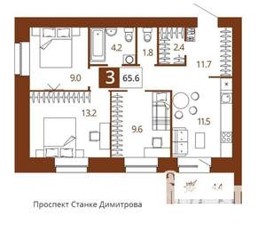 3-к квартира, вторичка, 66м2, 5/14 этаж