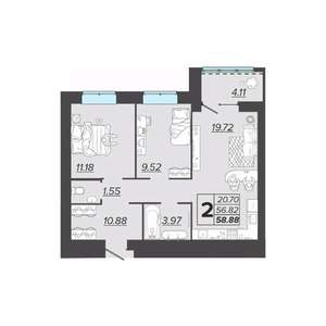 2-к квартира, вторичка, 59м2, 5/9 этаж