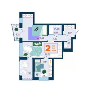 2-к квартира, вторичка, 66м2, 6/16 этаж