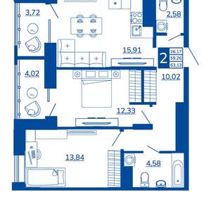 2-к квартира, вторичка, 63м2, 8/17 этаж