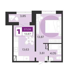 1-к квартира, вторичка, 37м2, 1/8 этаж