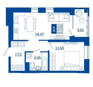 1-к квартира, вторичка, 44м2, 3/17 этаж