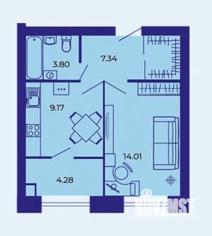 1-к квартира, сданный дом, 39м2, 9/9 этаж
