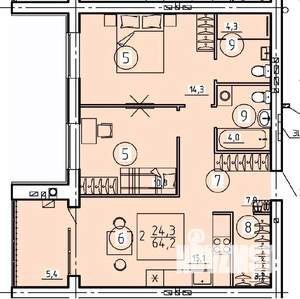 2-к квартира, сданный дом, 64м2, 1/4 этаж