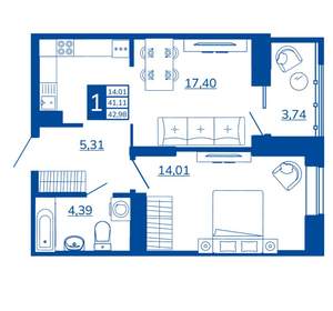 1-к квартира, вторичка, 42м2, 6/17 этаж