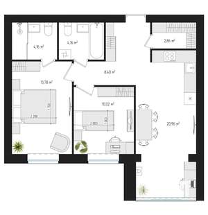 2-к квартира, сданный дом, 63м2, 3/4 этаж